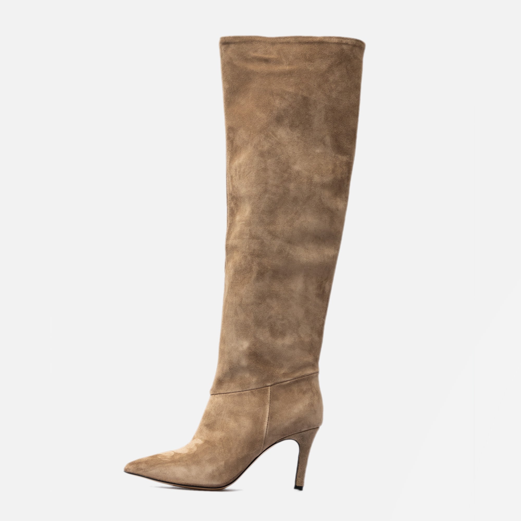 Stivali alti a Punta Beige con con tacco 8 centimetri - Vero Camoscio - Made in Italy