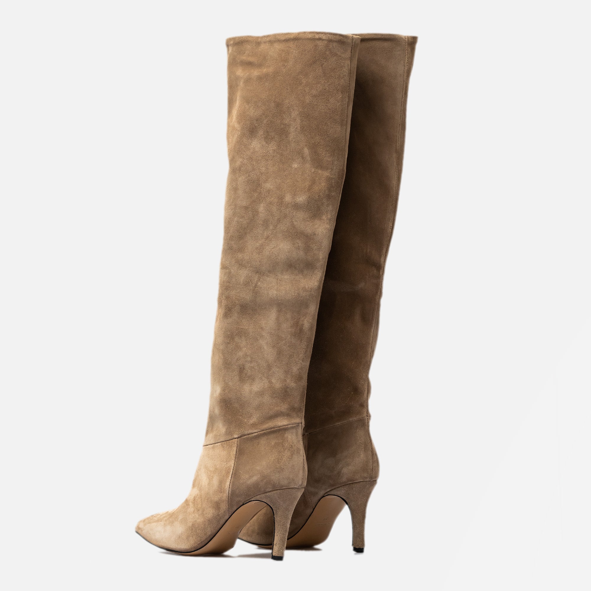 Stivali alti a Punta Beige con con tacco 8 centimetri - Vero Camoscio - Made in Italy