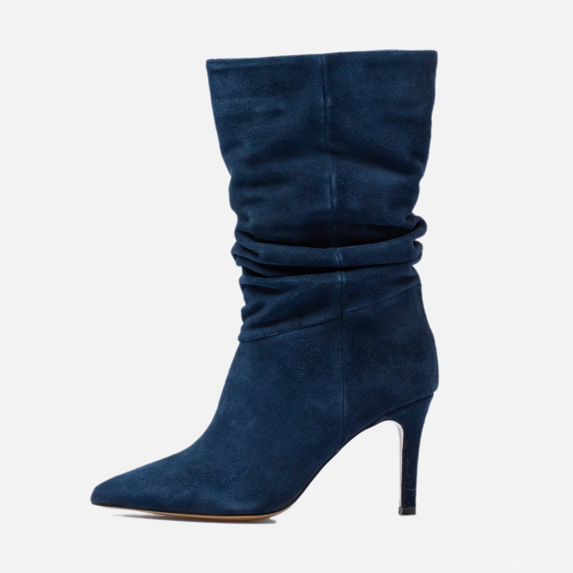 Stivaletti arricciati con tacco Blu - Vero Camoscio - Made in Italy